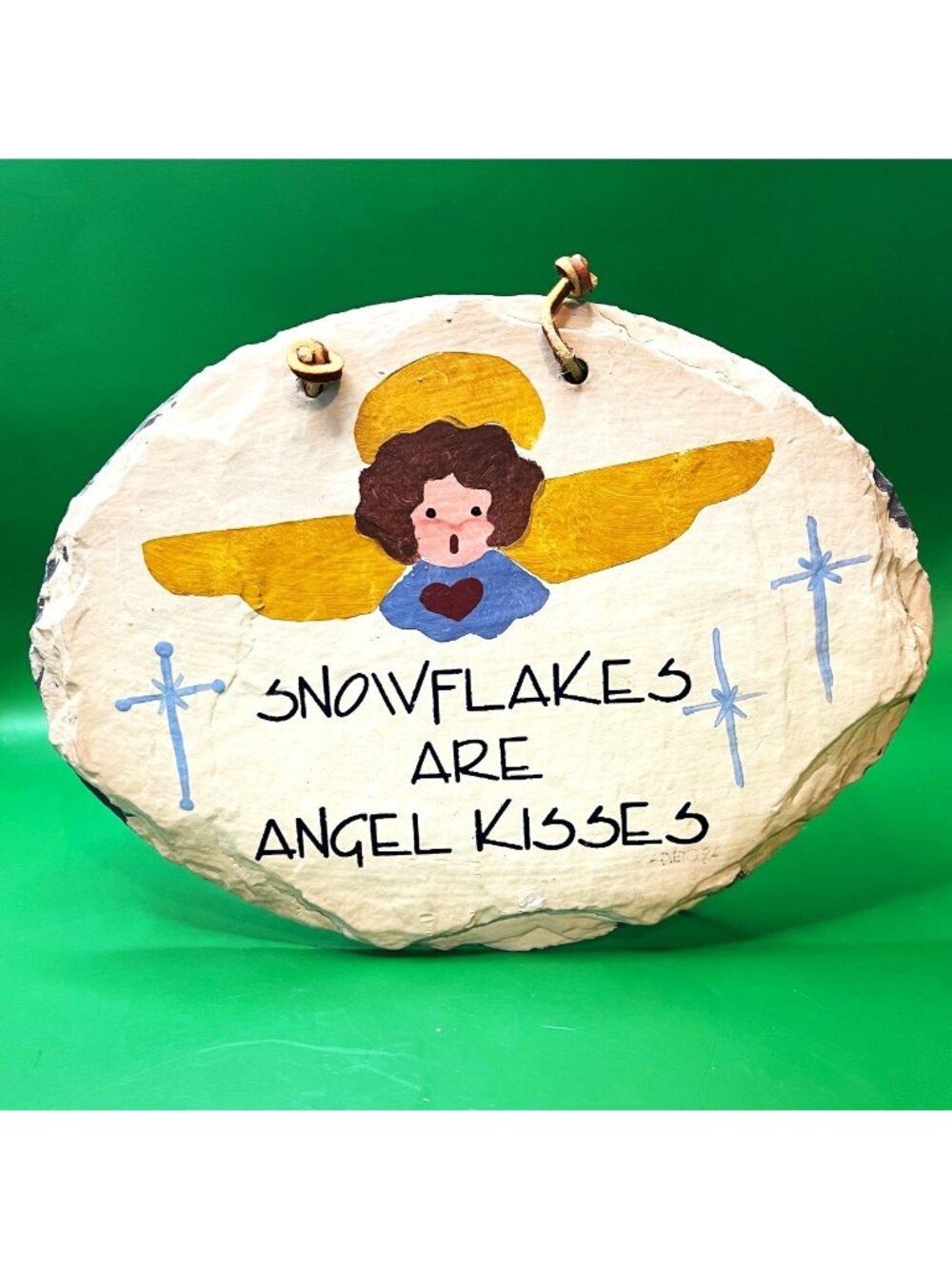 VTG Hand Handpainted Slate Plaque Sign Snowflakes Are Angel Kisses Plain Jane